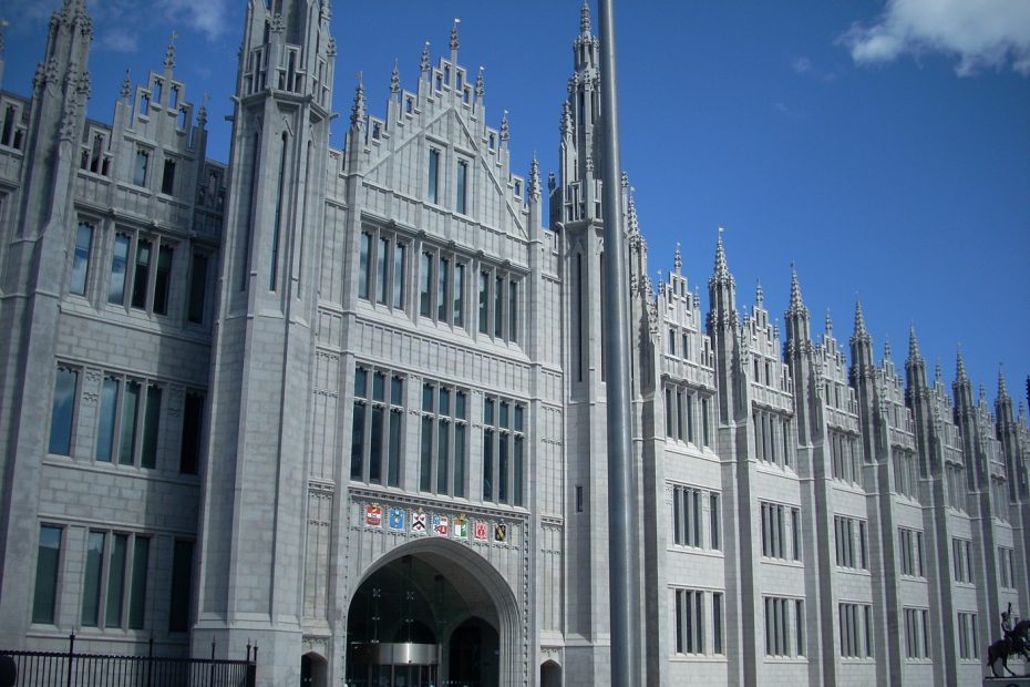 Front of Marischal College, a large granite building in the Gothic style which houses Aberdeen City Council HQ